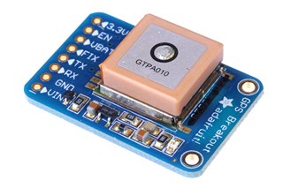 一块顶部带陶瓷贴片天线的 Adafruit GPS 接收模块板