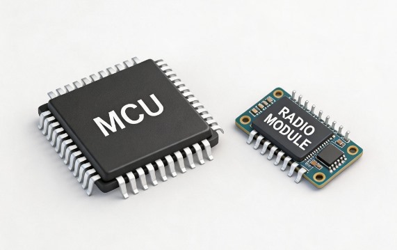并排摆着的两颗料：一颗主机 MCU 和一颗独立的射频模块