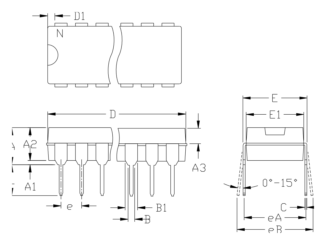 MAX538BCPA+ 8引脚塑料 DIP 封装外形图 21-0043