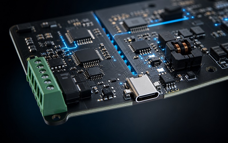 高科技 3D 渲染图,展示 USB Type C 与 RS485 板边接口、ESD 防护、共模滤波和可见隔离槽