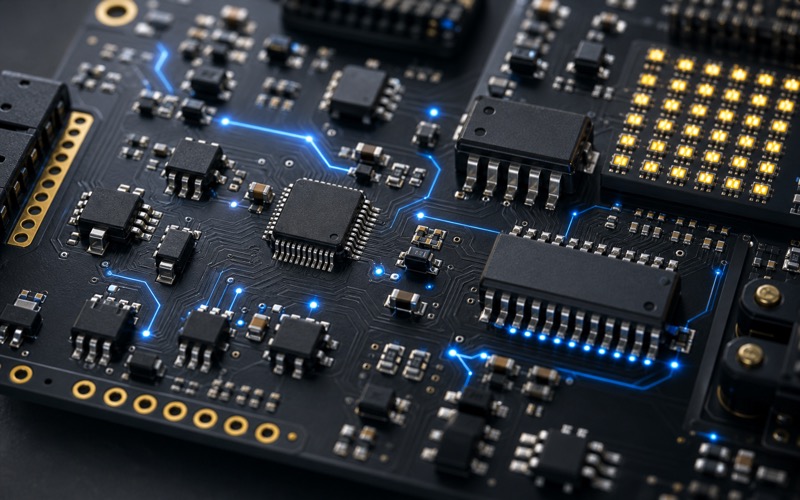 高科技 3D 宏观渲染图,展示暗色 PCB 上的小逻辑 IC、模拟开关、驱动封装和 LED 矩阵区域