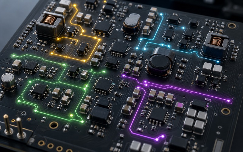 高科技 3D 宏观渲染图,展示暗色电源管理 PCB 上的降压转换器、LDO、电感和陶瓷电容阵列