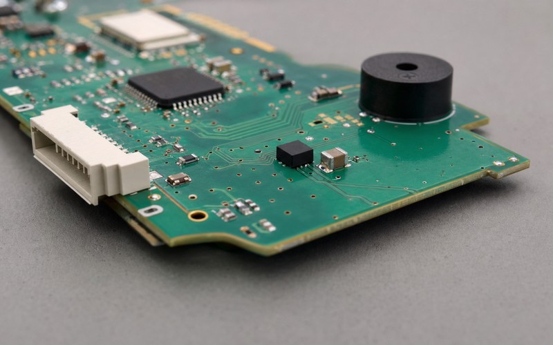 绿色资产跟踪器 PCB 边缘视图中与外向连接器和圆形黑色蜂鸣器分开的 LIS3DH