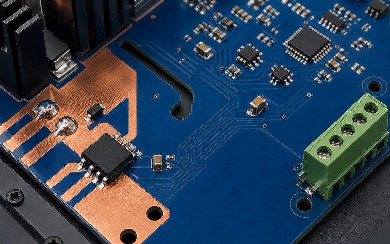 蓝色电机控制板上的单颗 SOIC-8 电流传感器、宽一次铜箔、斜向隔离槽和信号侧滤波电容